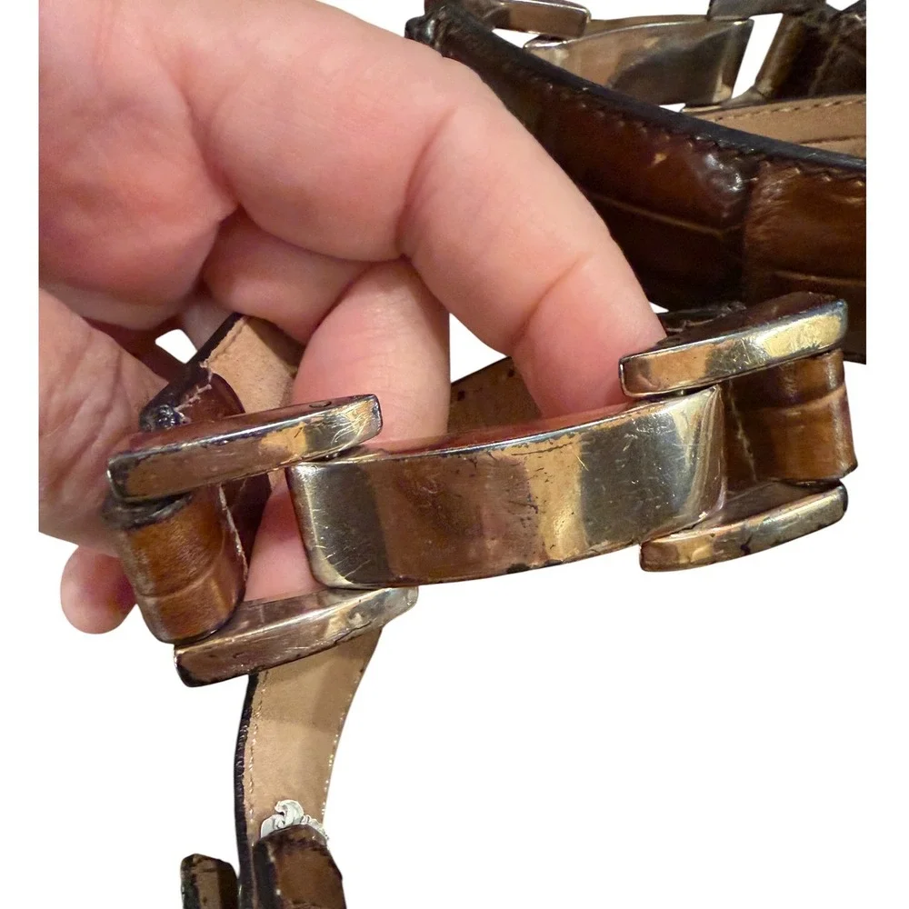 Fossil Vintage Croco‎ Embossed Leather Belt Womens Size S Brown Gold Y2K Cowhide